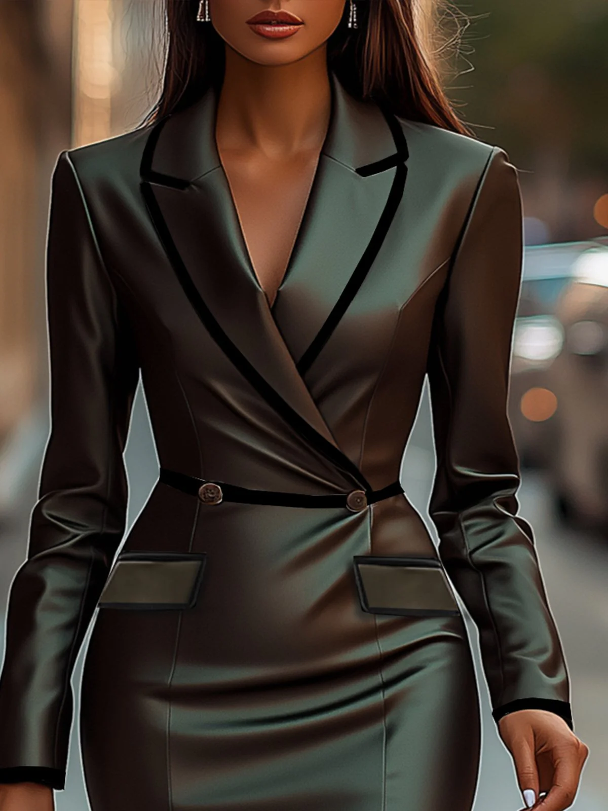 24-Hour-Shipping Green Lapel Long Sleeve Dress