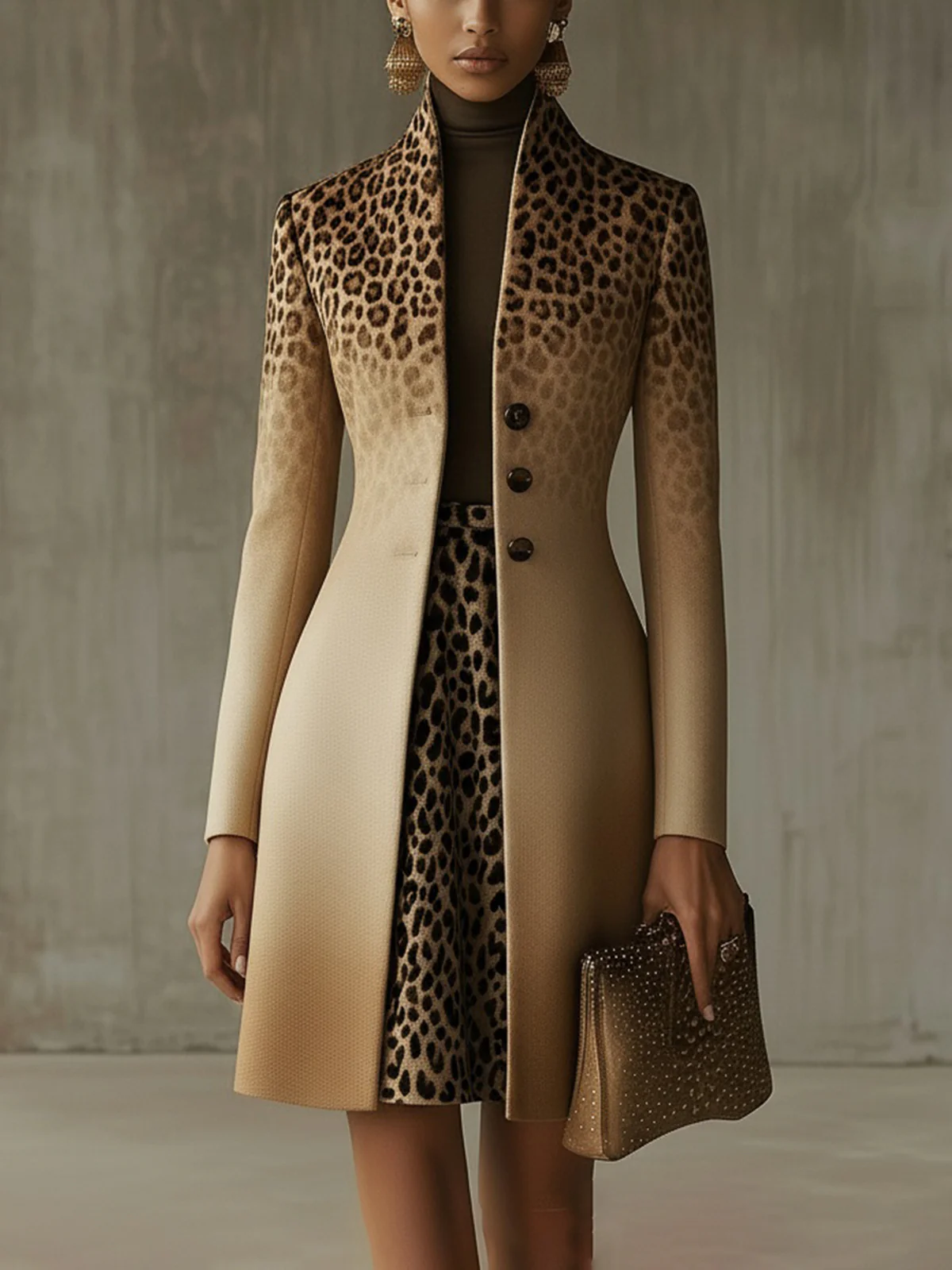 Khaki Ombre Leopard Print Long Coat With Gradient Detail