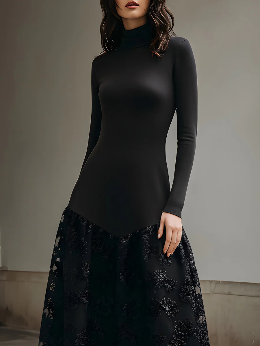 Black Knit And Lace Contrast Midi Dress