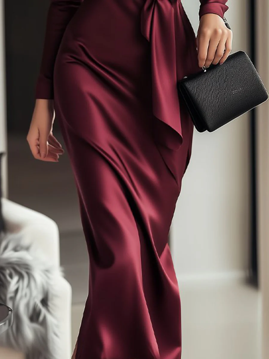Timeless Burgundy Satin Wrap Dress with Waist Tie Detail