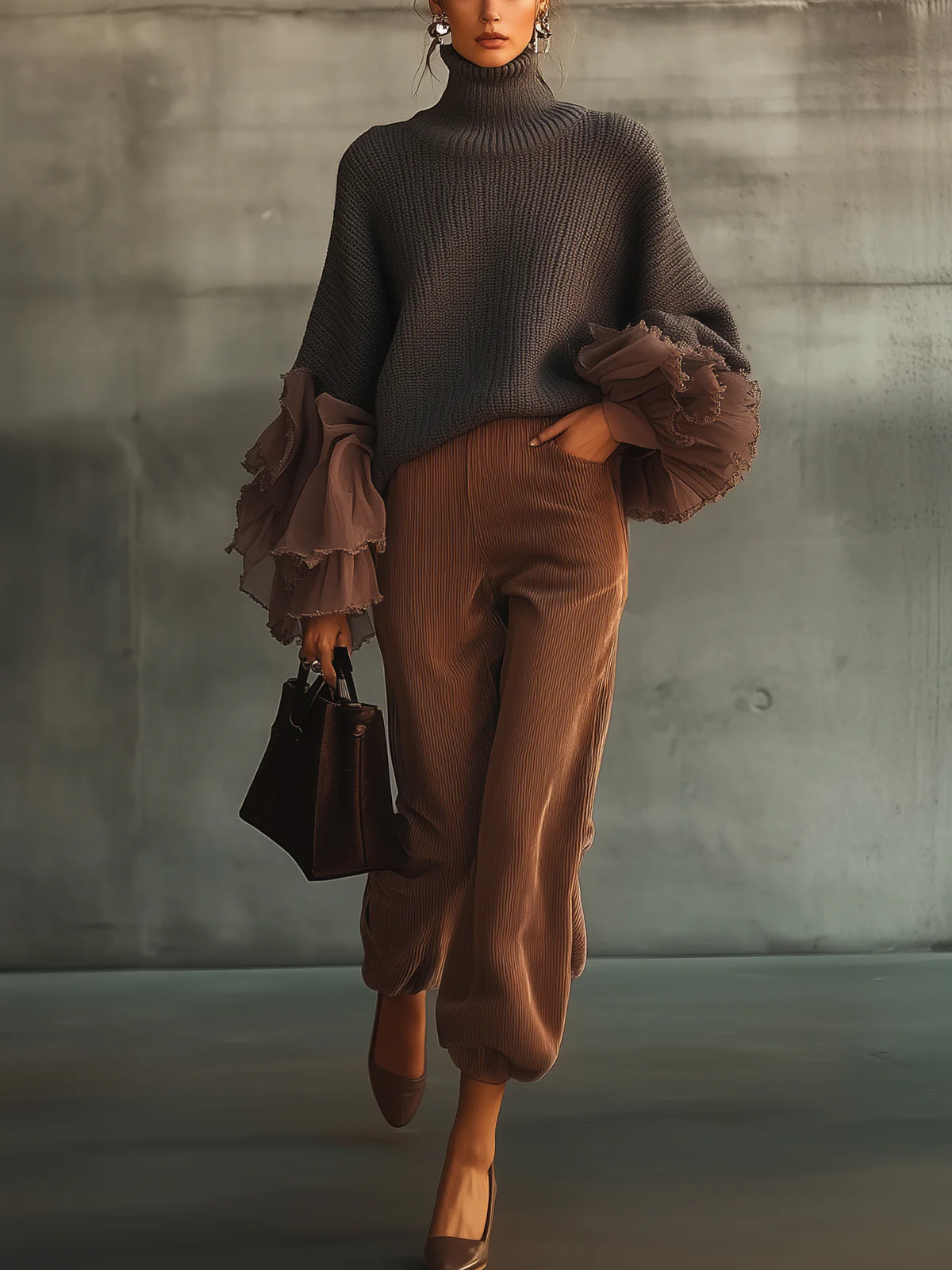 Ruffle Sleeve Turtleneck Sweater And Corduroy Trousers Set