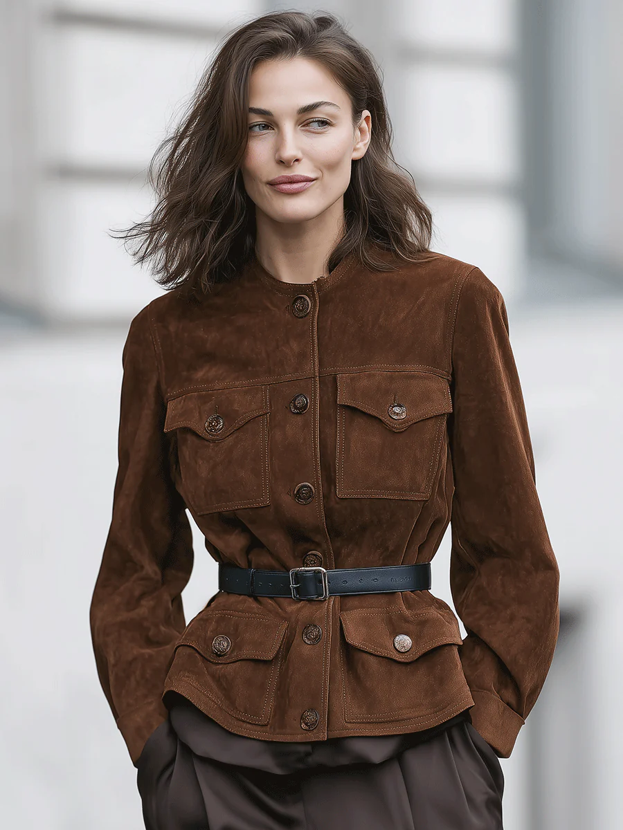 Brown Belted Faux Suede Jacket With Button Details