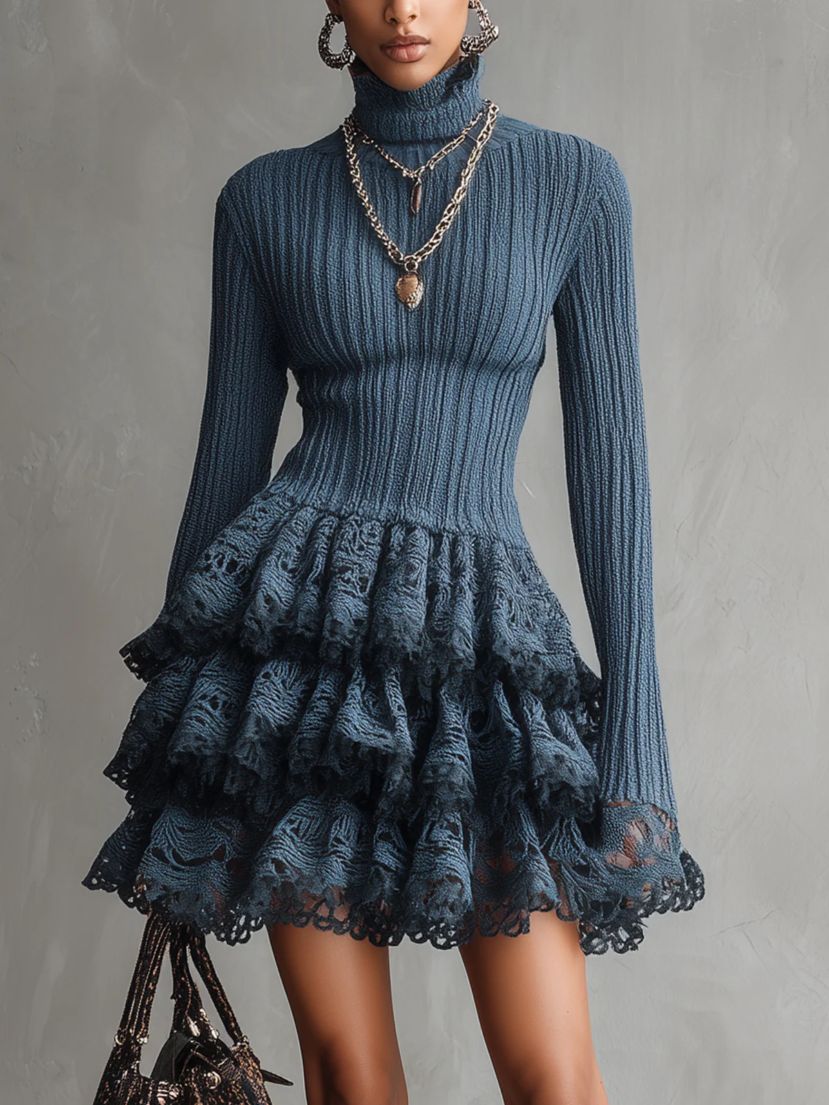 Blue Knit Turtleneck Mini Dress With Tiered Lace Skirt