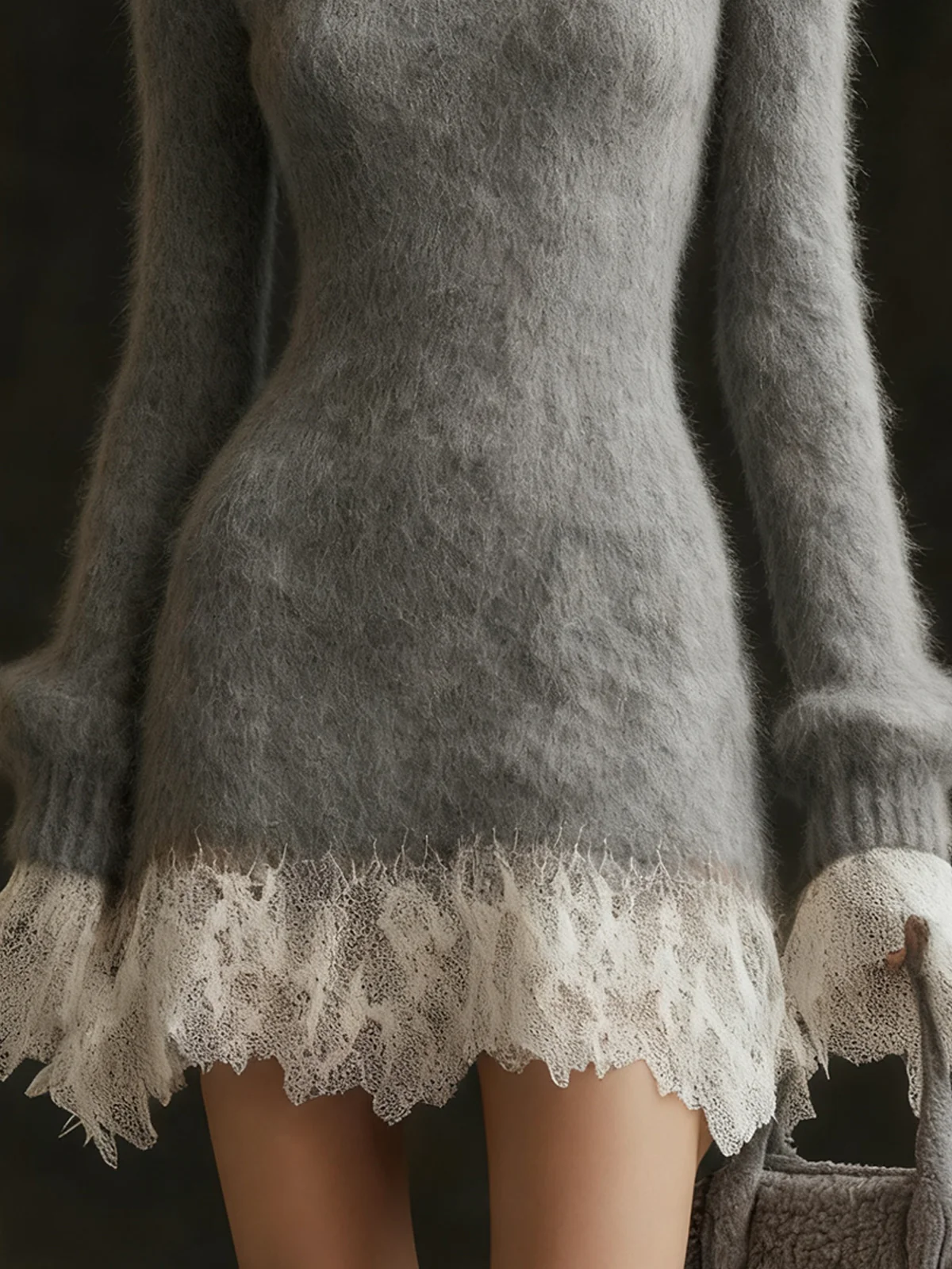 Gray Fuzzy Knit Dress With Lace Trim And Keyhole Detail