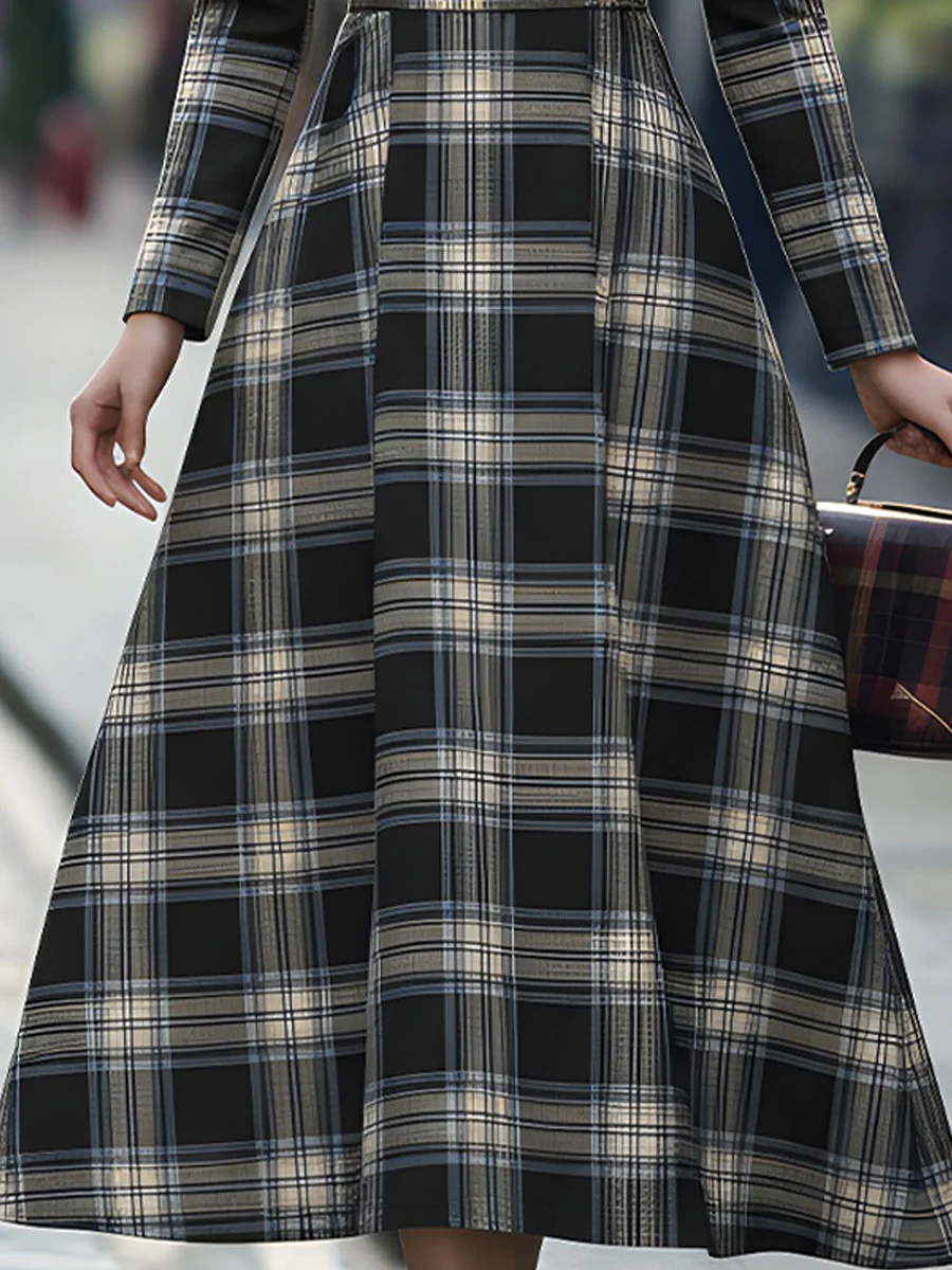 Classic Square Neck Plaid Midi Dress For Effortless Day-to-Night Style