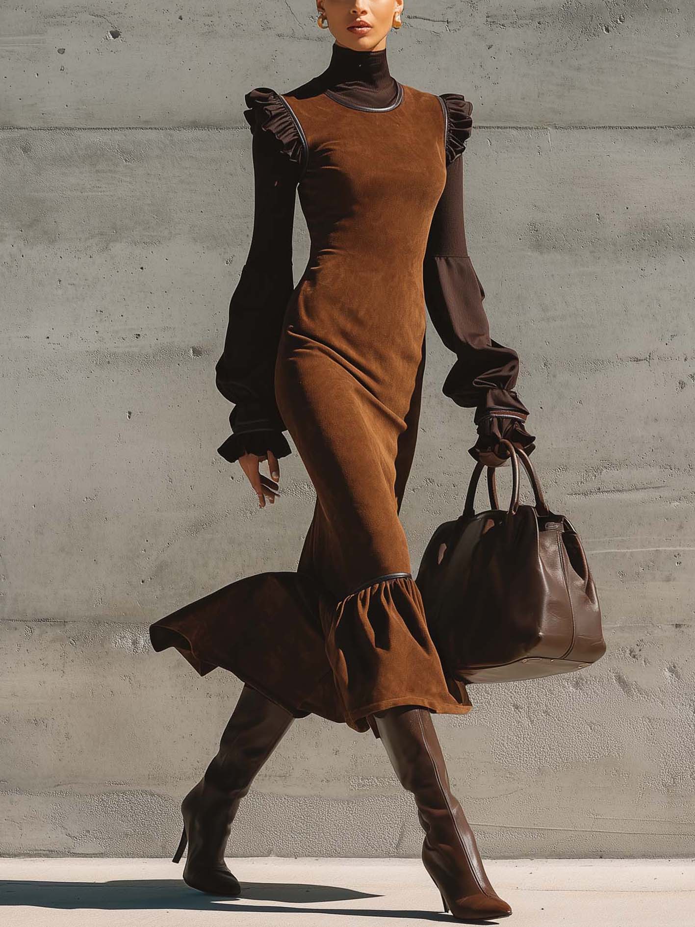 Brown Faux Suede Bodycon Dress With Patchwork Sleeves And Ruffle