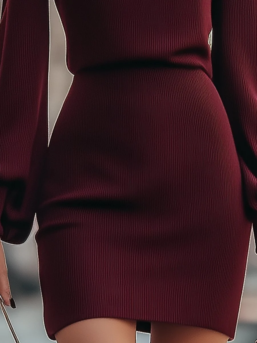 Burgundy Ribbed Turtleneck Mini Dress with Balloon Sleeves