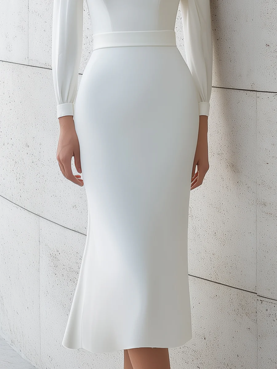 Boat Neck Pleated Shoulder White Midi Dress