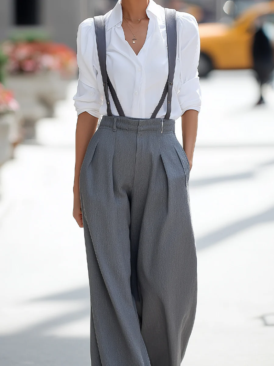 Classic White Shirt & Suspender Wide-Leg Trousers Set