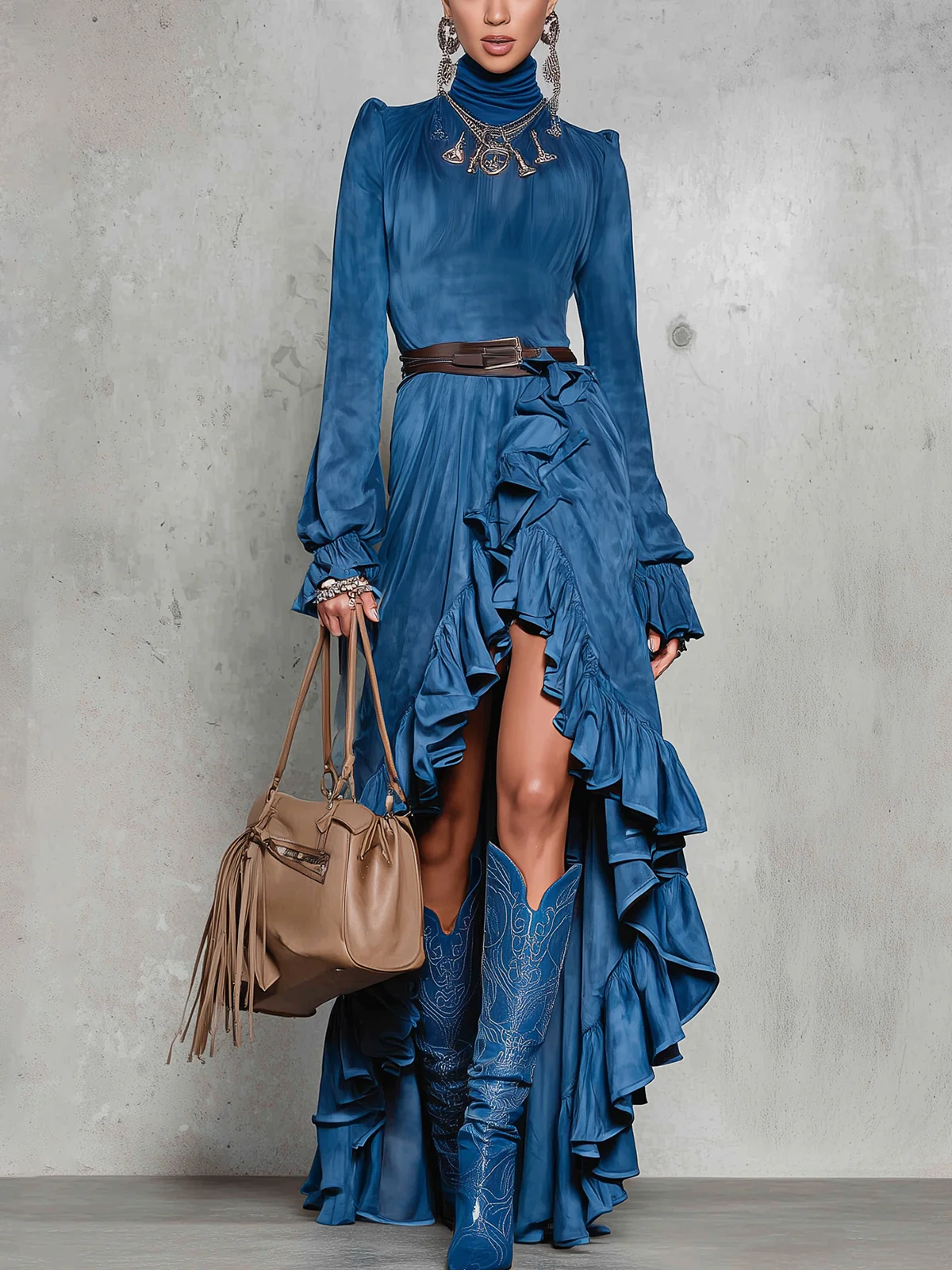 Blue High-Low Ruffled Faux Suede Dress With Belted Waist