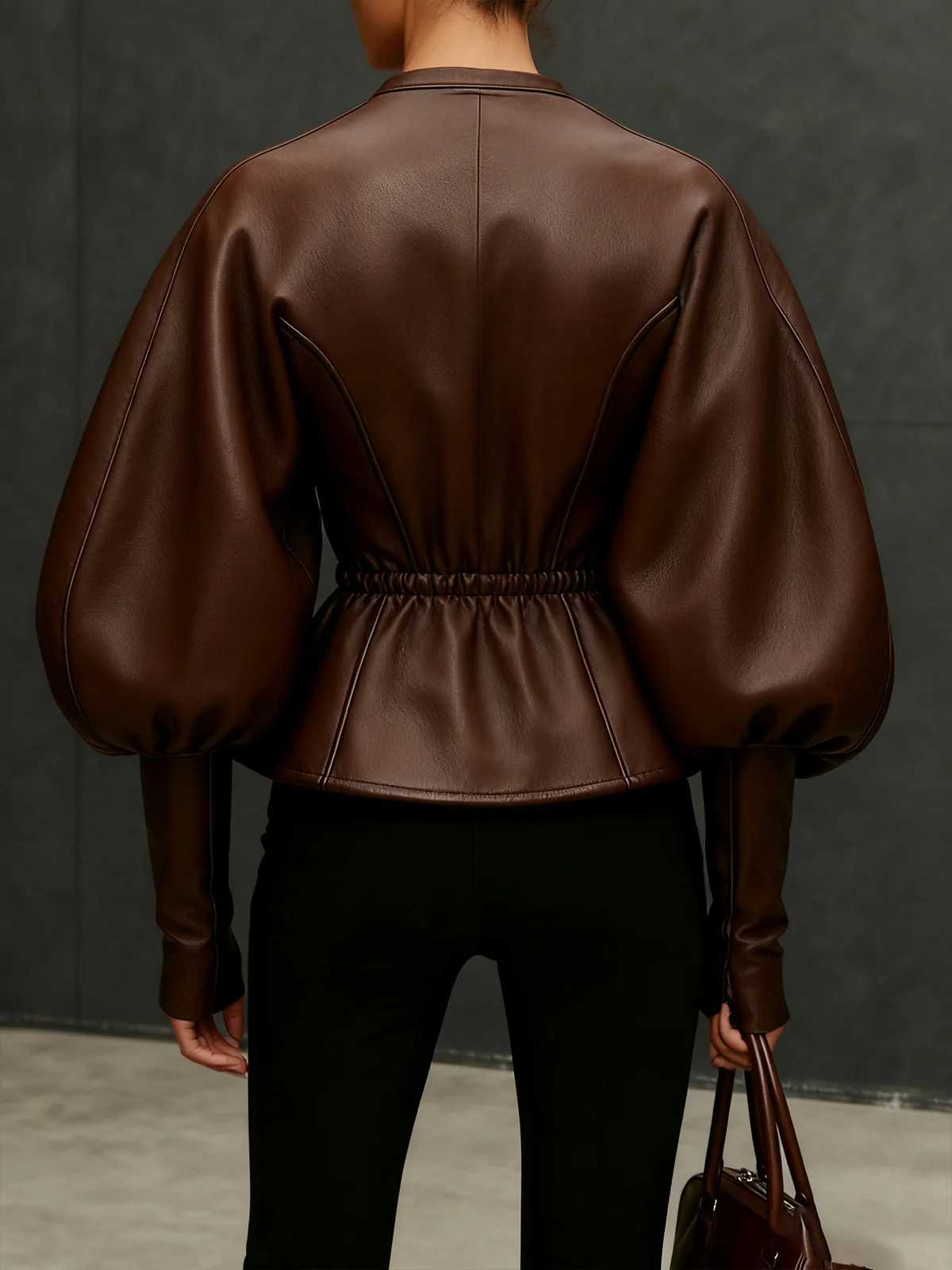 Brown Faux Leather Jacket With Balloon Sleeves