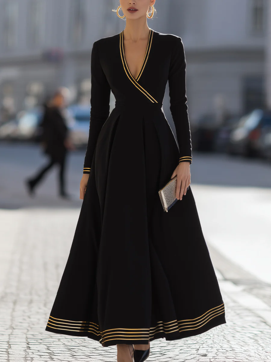 Black Dress With Yellow Stripes And Pleated Skirt