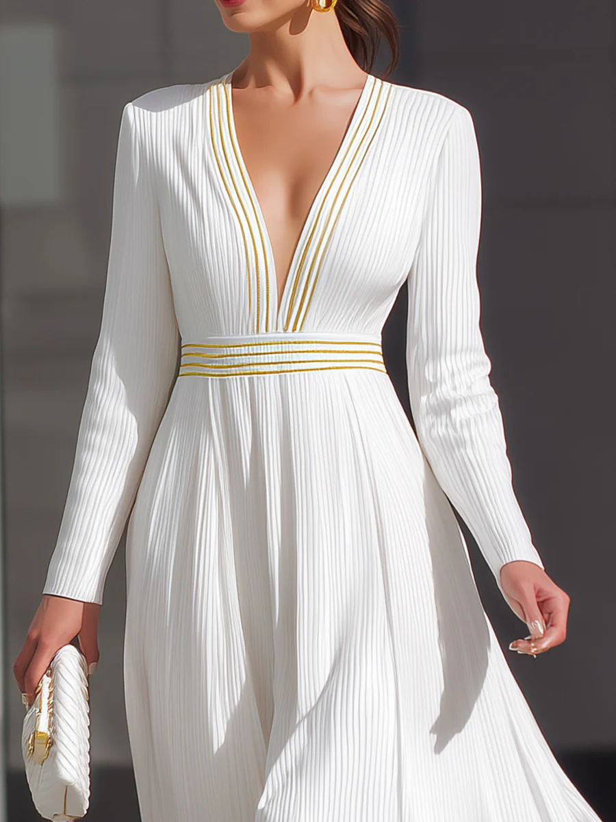 White Pleated Dress With Yellow Stripes And V-Neckline