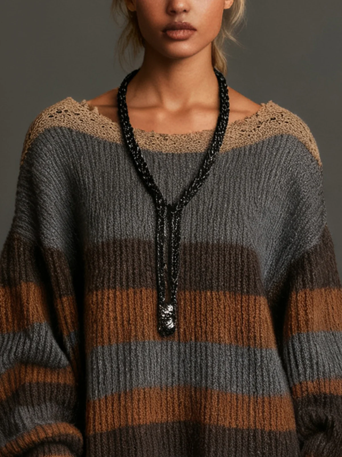 Striped Knit Dress With Beige Lace Trim