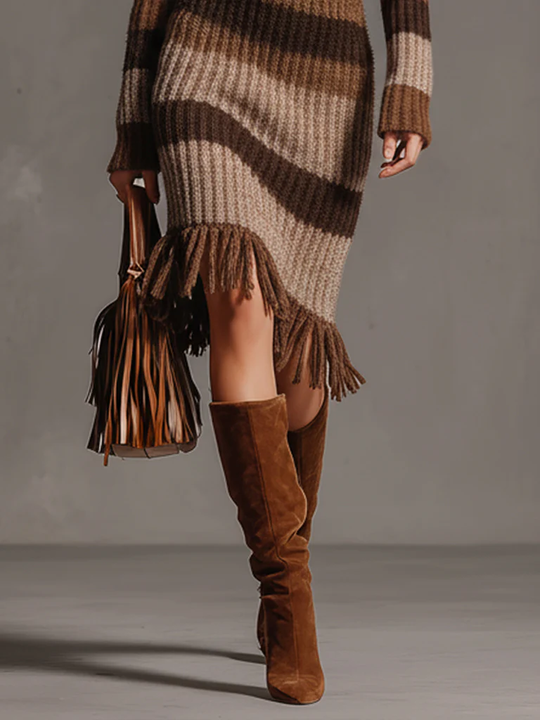 Brown Striped Knit Turtleneck Long Sleeve Midi Dress