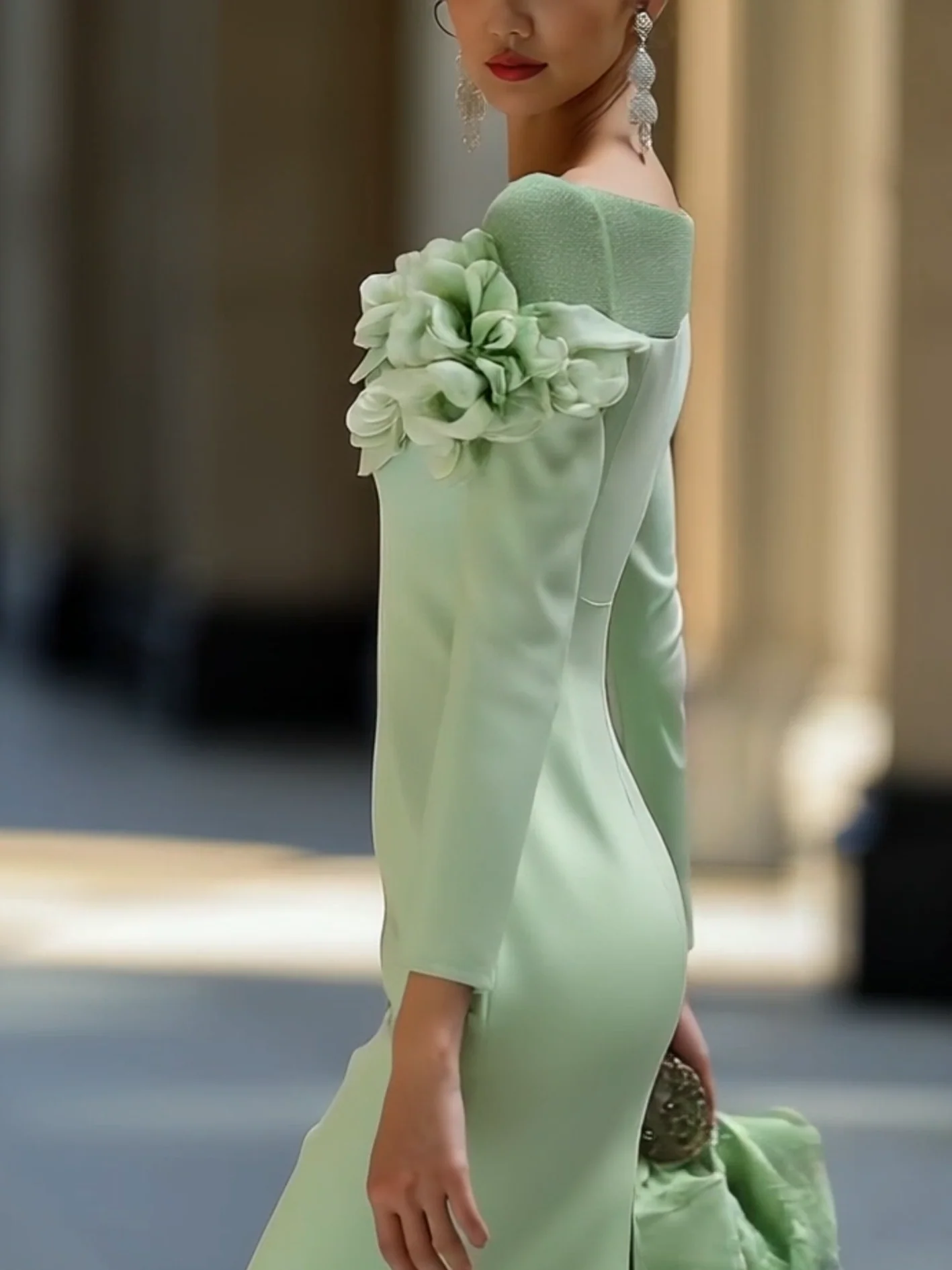 24-Hour-Shipping Light Green Midi Pencil Dress With Mesh And 3D Flower Decoration