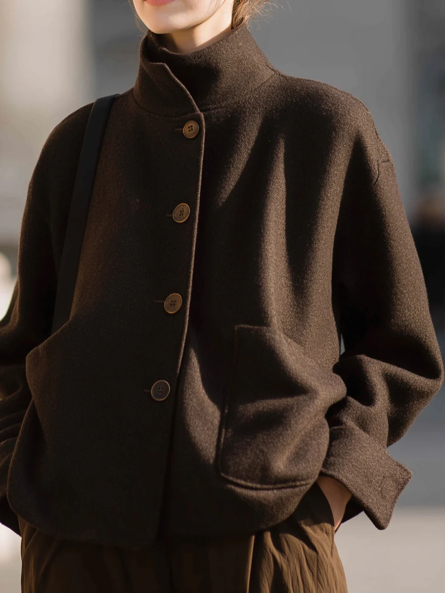 Minimalist Brown Wool Stand-Collar Jacket