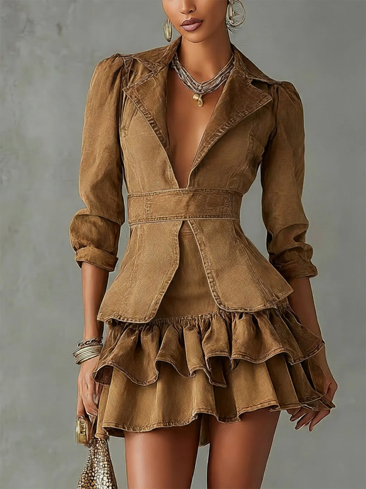 Vintage Brown Washed Cotton Ruffle Lapel Midi Sleeve Mini Dress