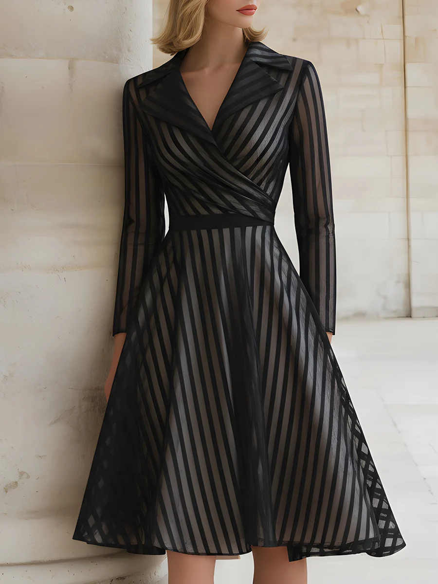 Black Striped Sheer Wrap Dress
