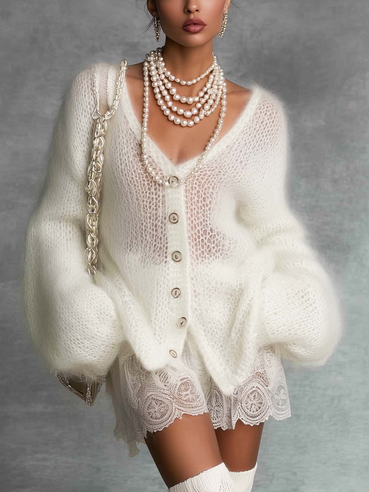 White Knitted Cardigan Layered And Lace Mini Skirt Set