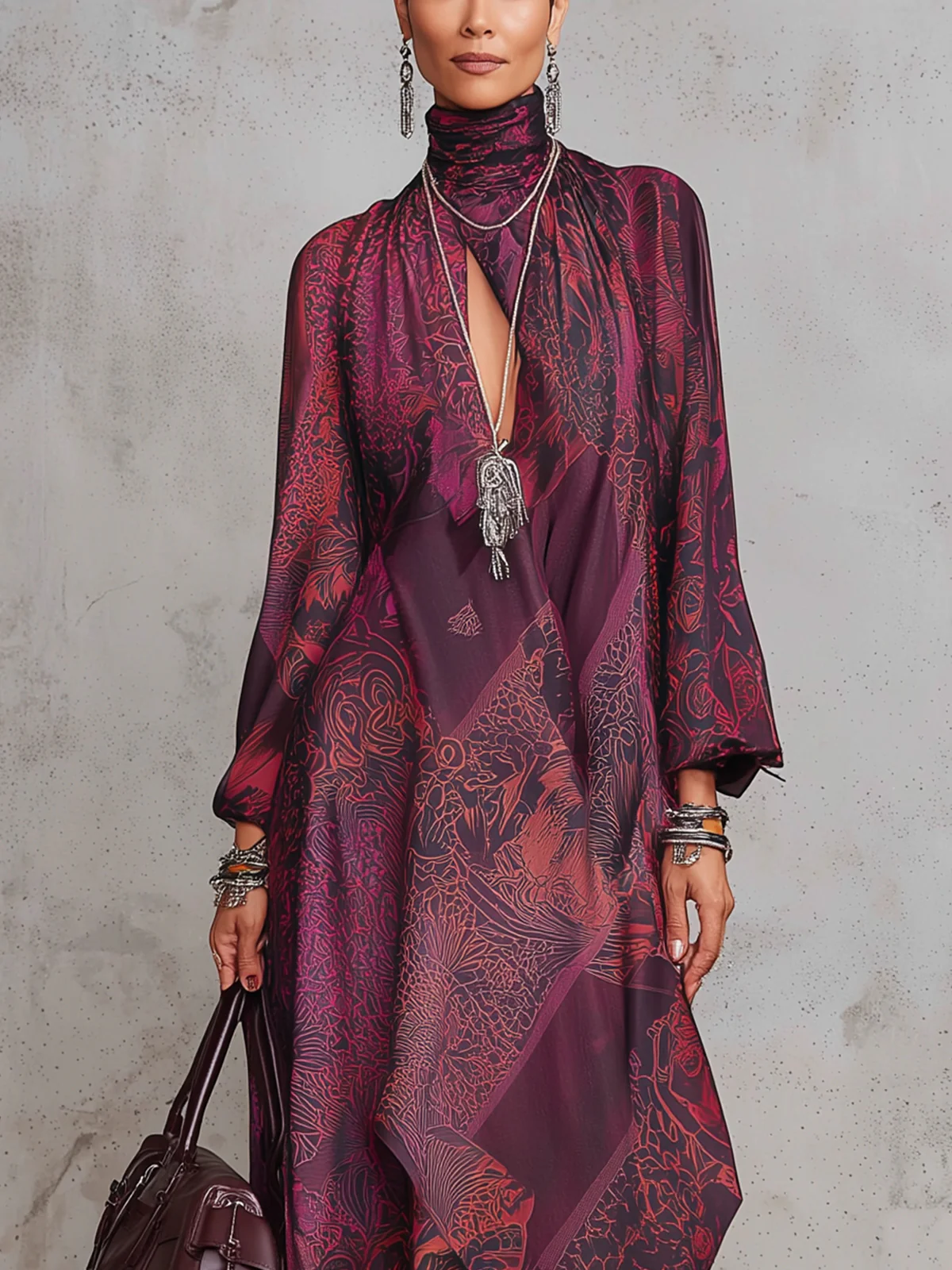 Burgundy Printed Draped Maxi Dress With High Neck And Asymmetric Hem