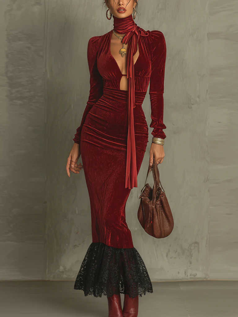 Red Velvet Deep V-Neck Mermaid Maxi Dress With Lace Skirt