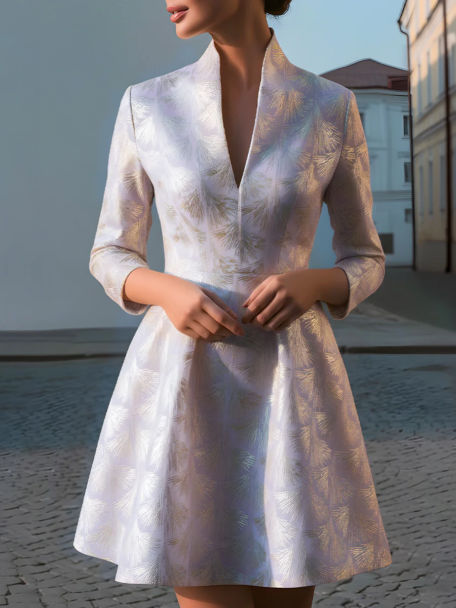 Foil-Printed High-Collar A-Line Dress