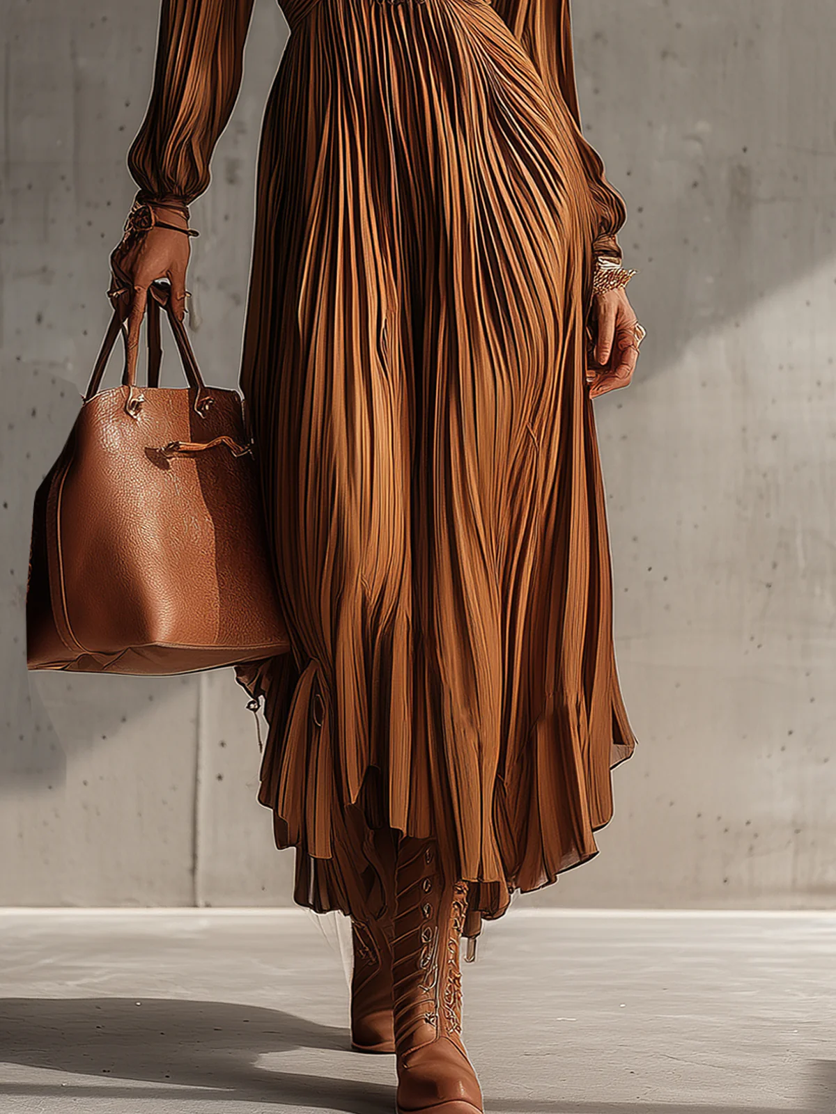 Brown Pleated High-Neck Maxi Dress With Gathered Waist