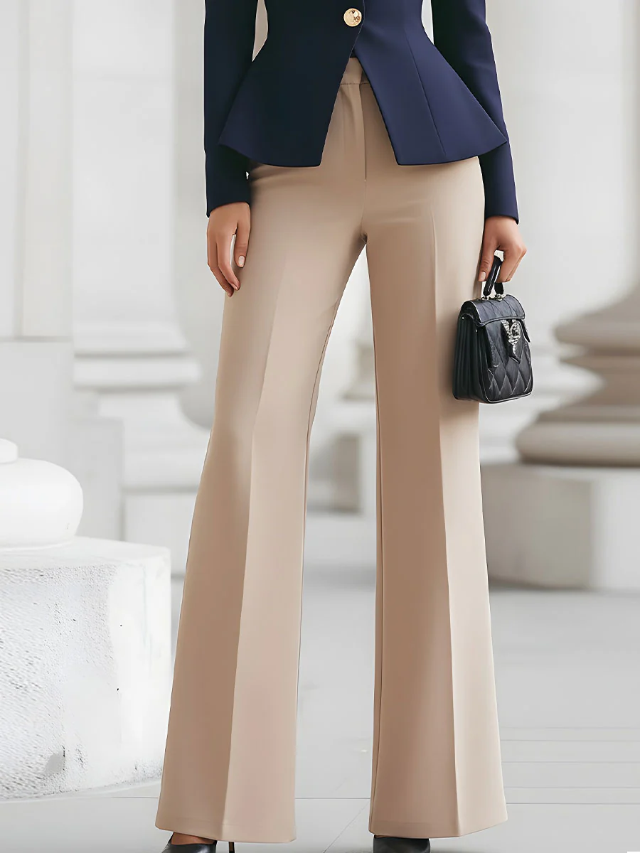 Tailored Navy Peplum Jacket With Flared Pants - A Stylish Office Ensemble