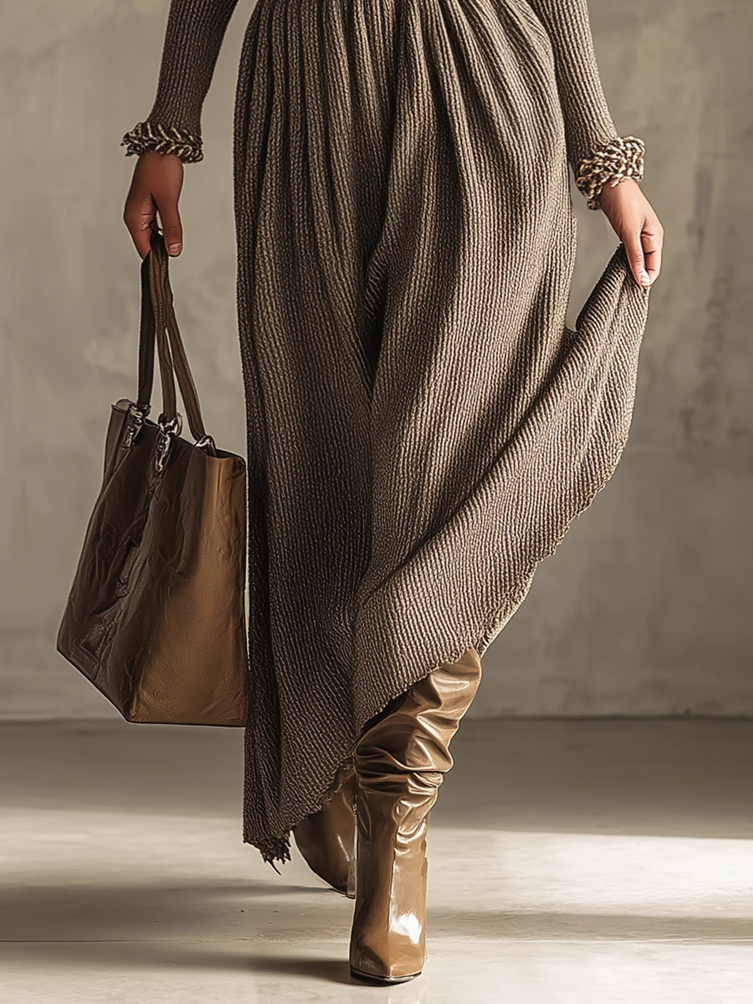 Taupe Ribbed Turtleneck Belted Long Sleeve Maxi Dress