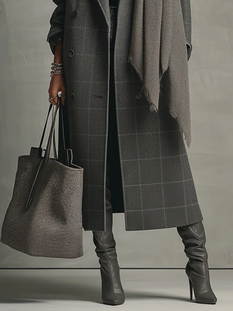 Charcoal Gray Check Double Breasted Wool Blend Coat