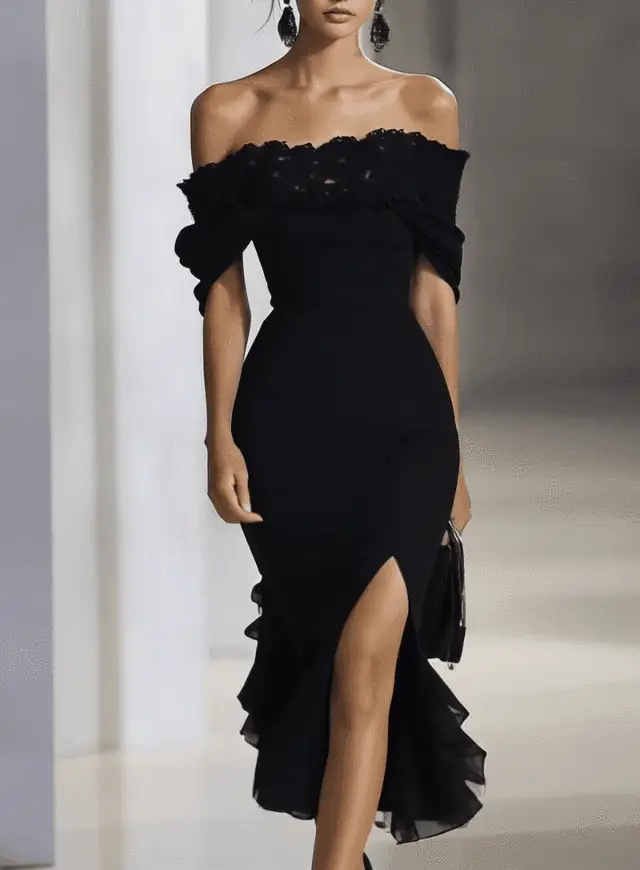 24-Hour-Shipping Off Shoulder Black Chiffon Dress With Lace