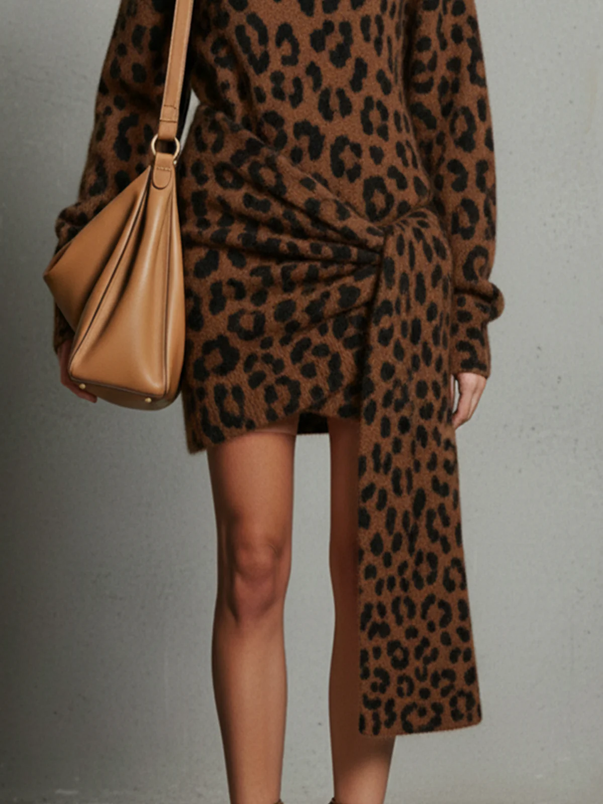 Brown Leopard Print Turtleneck Sweater Dress With Wrap Detail