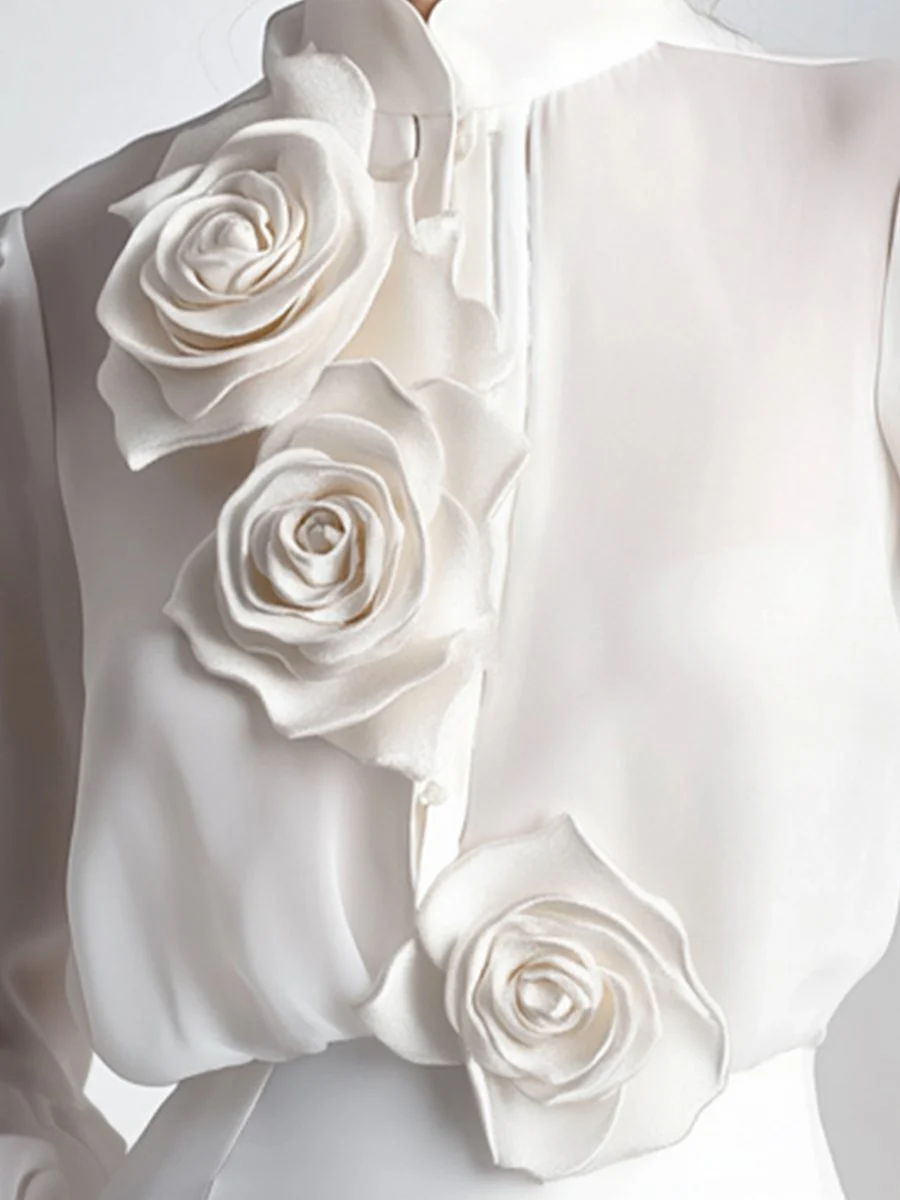 Modern White Blouse with 3D Rose Accents