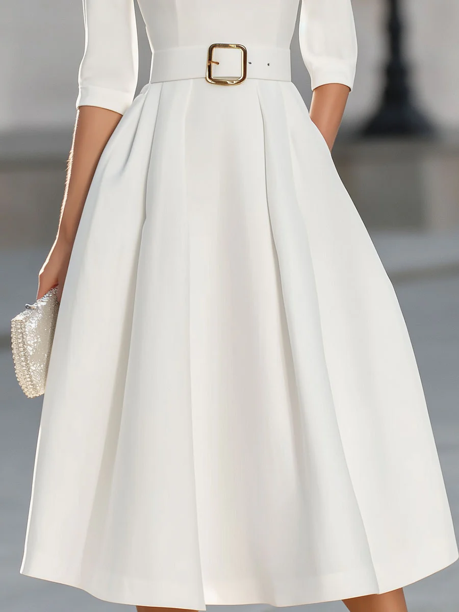Mooyius Elegant White Keyhole Neck Midi Dress With Structured Belt