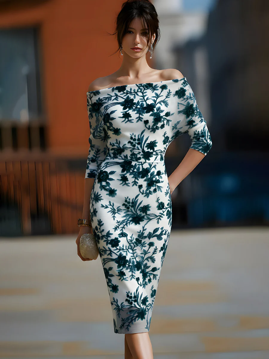 Off-Shoulder Floral Embroidered Midi Dress