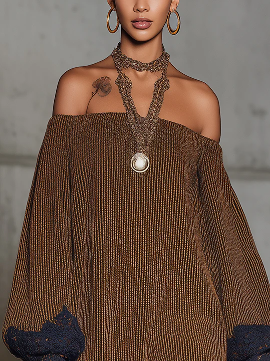 Brown Off-Shoulder Mini Dress With Navy Lace Trim And Balloon Sleeves