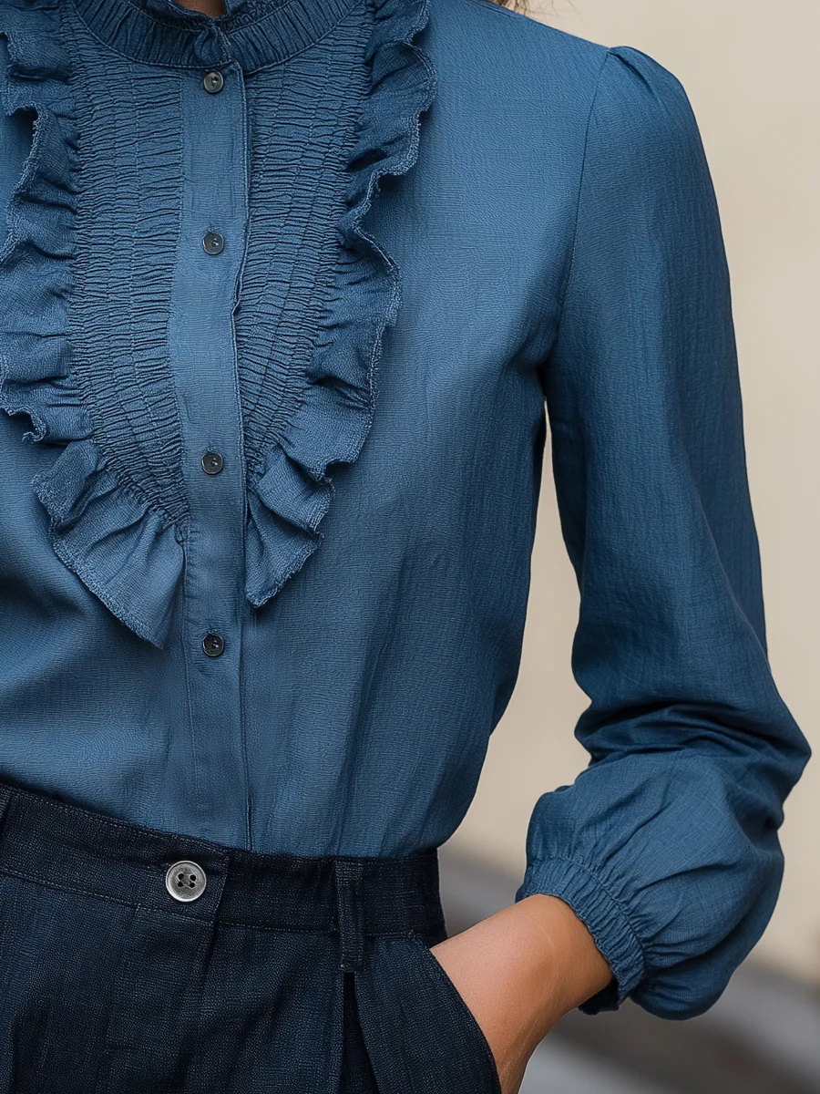 Denim Ruffled High-Neck Long-Sleeve Blouse