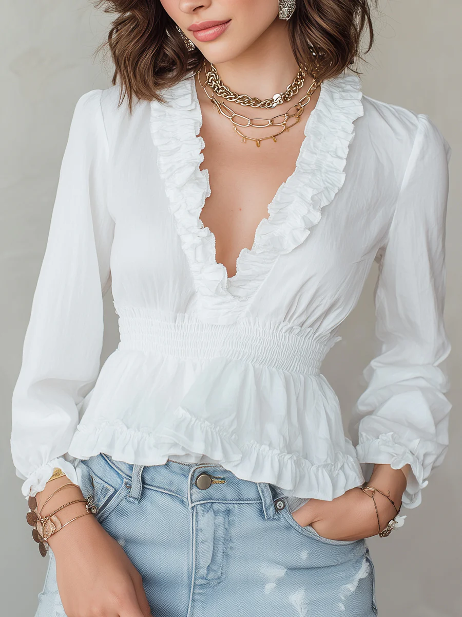 Mooyius Chic White Ruffle Blouse