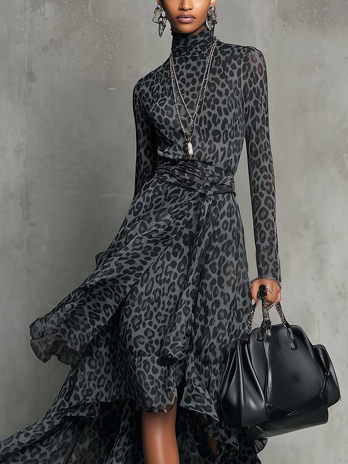 Leopard Print High-Neck Maxi Dress With Asymmetric Hem