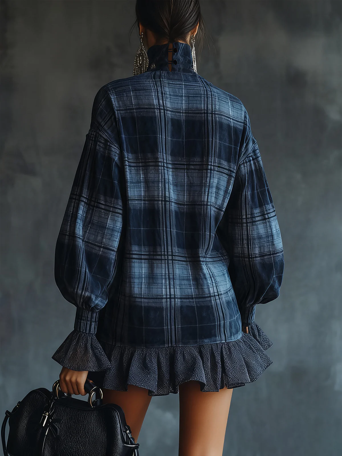 Midnight Plaid Ruffle Hem Turtleneck Dress