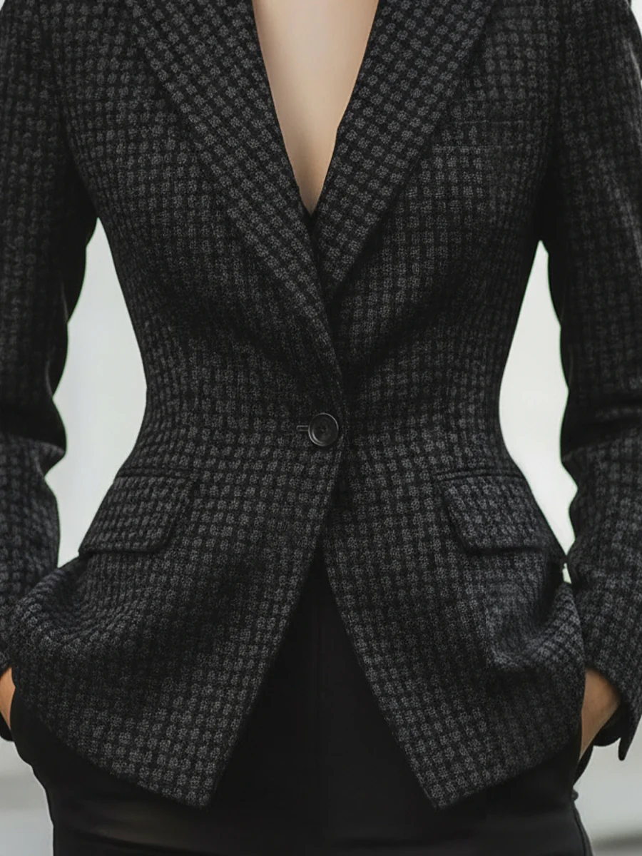 Notched Lapels Checkered Woven Blazer