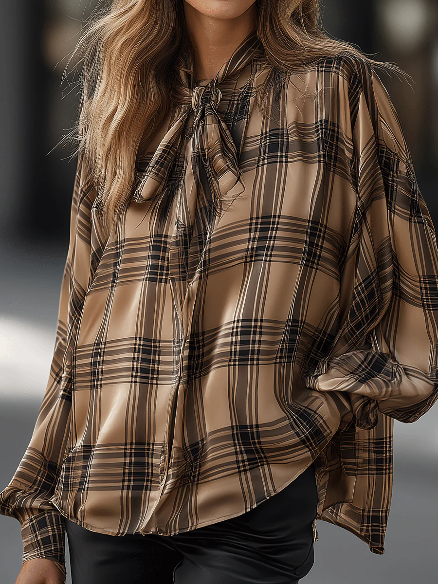 Beige Plaid Button-Down Shirt With Bow Tie Detail