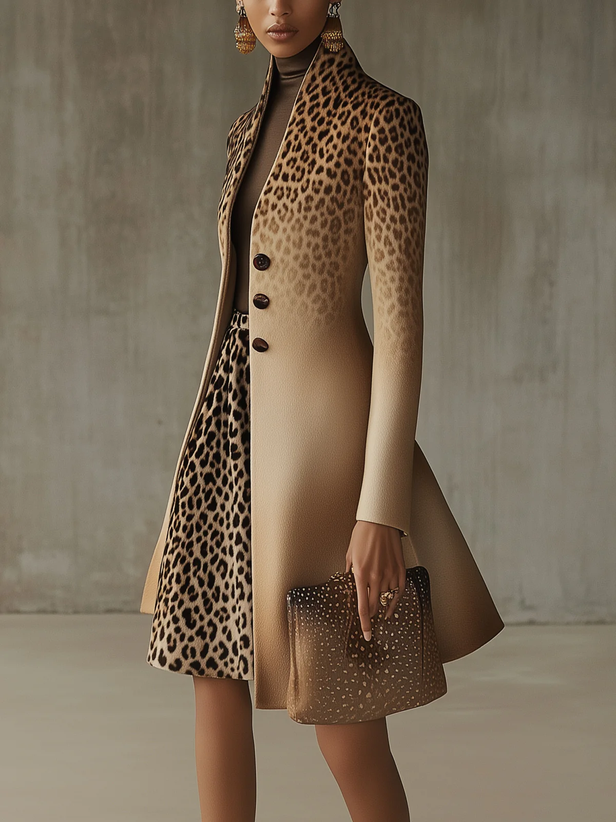 Khaki Ombre Leopard Print Long Coat With Gradient Detail