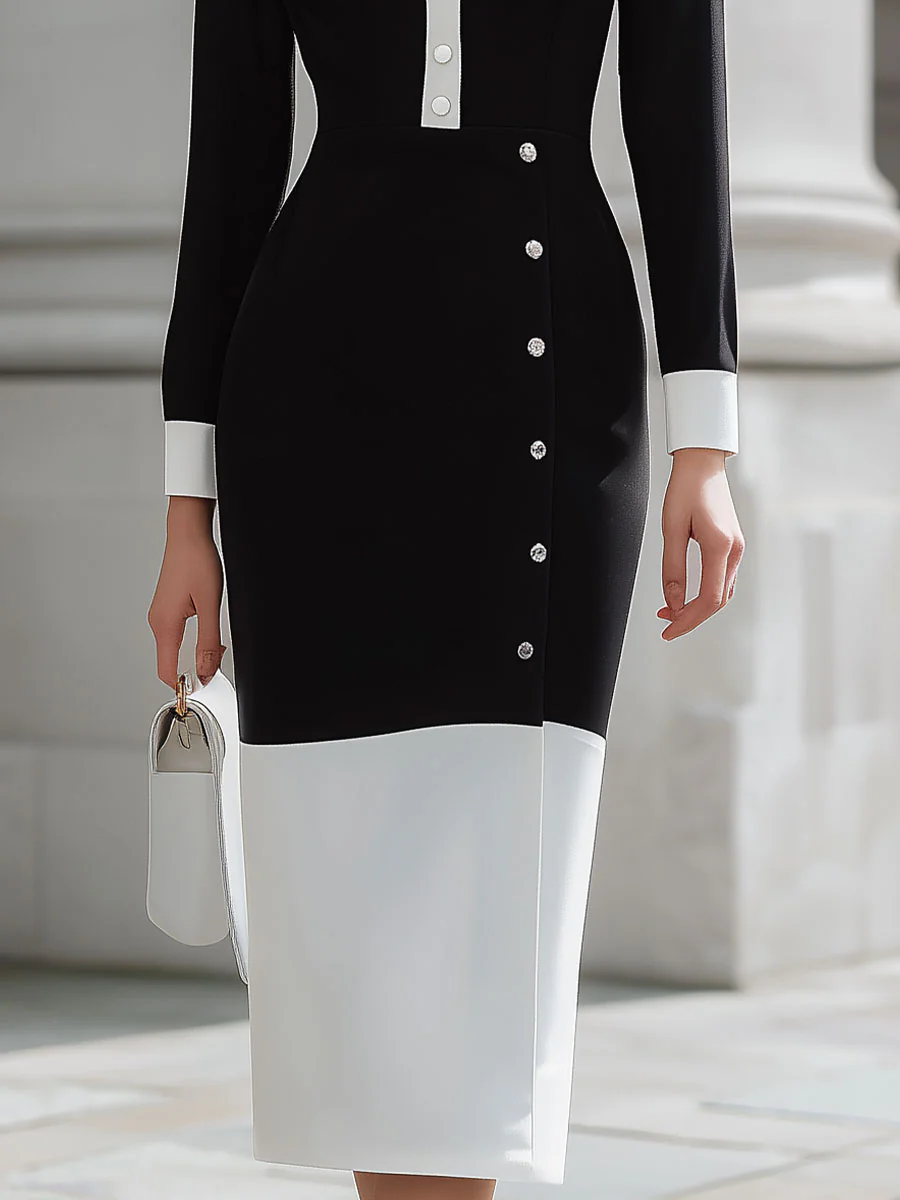 Elegant Black & White Contrast Button Midi Dress For Timeless Sophistication