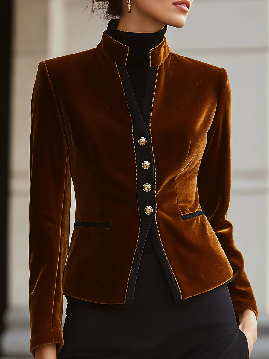 Velvet Blazer With Black Accents And Gold Buttons