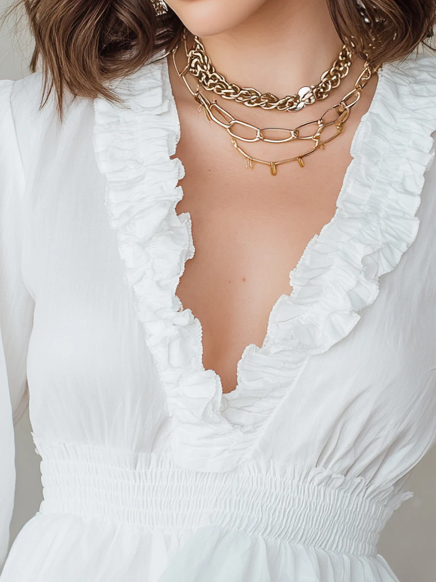 Mooyius Chic White Ruffle Blouse