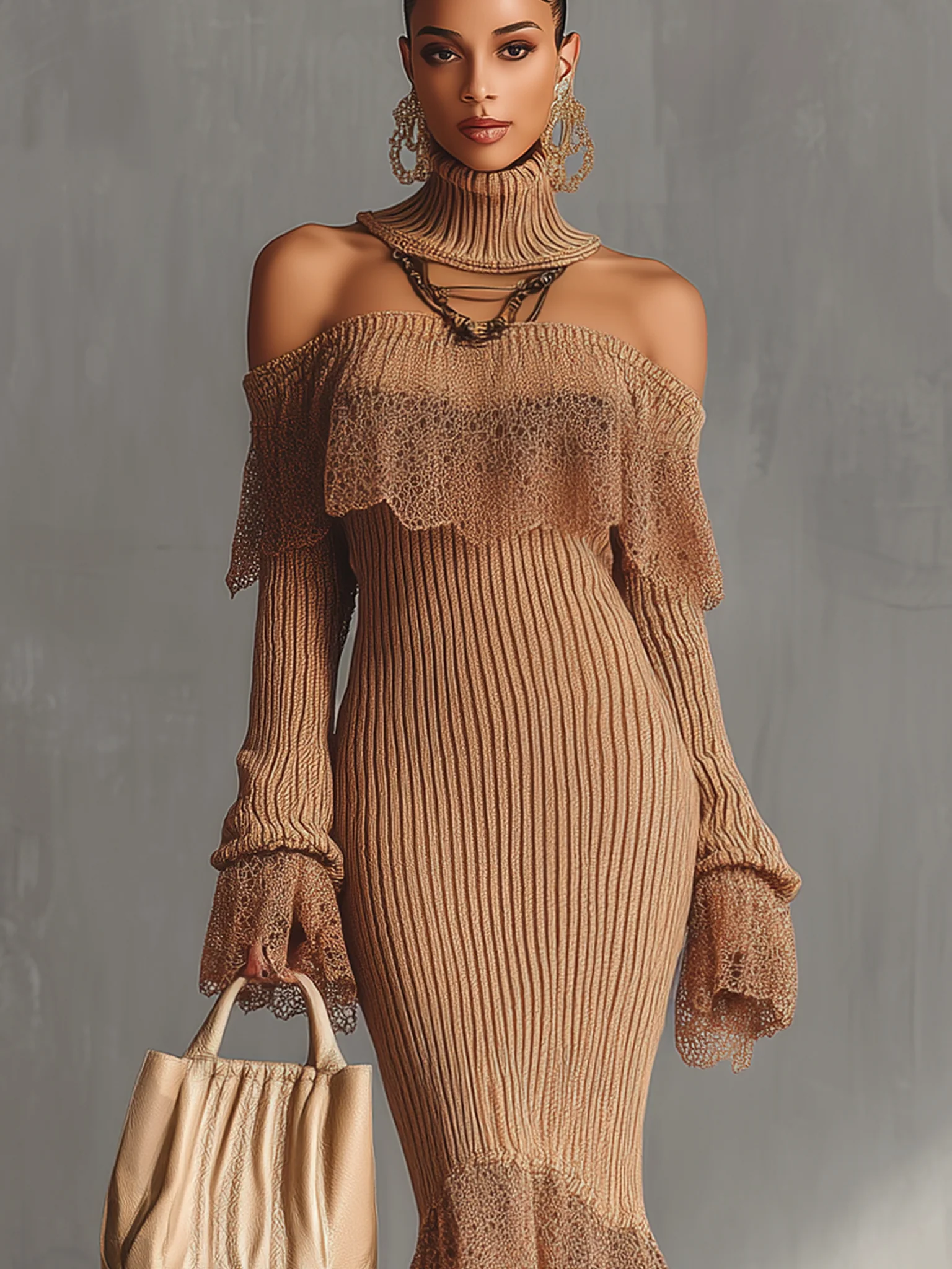Camel Knit Lace Trim Long Sleeve Bodycon Dress