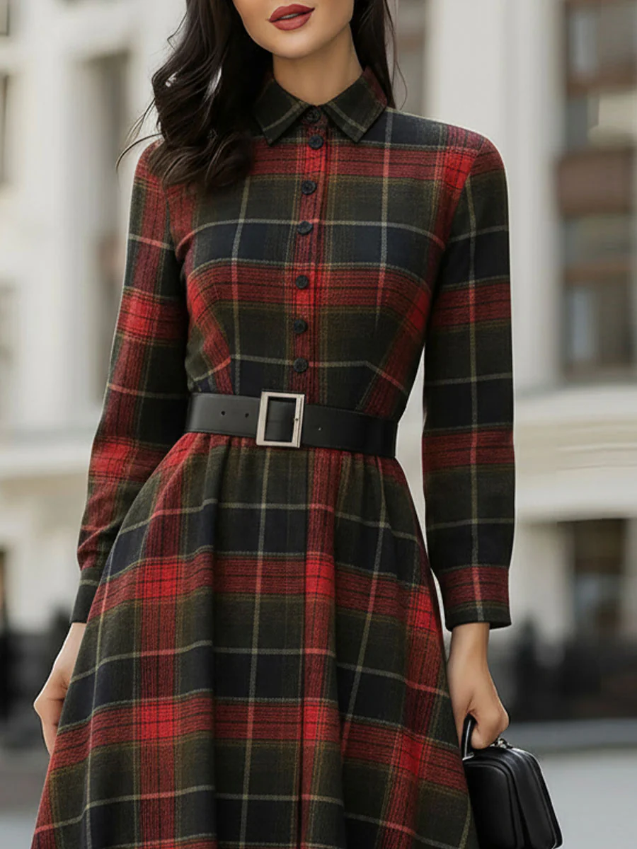 Mooyius Presents The Retro Plaid Belted Shirt Dress