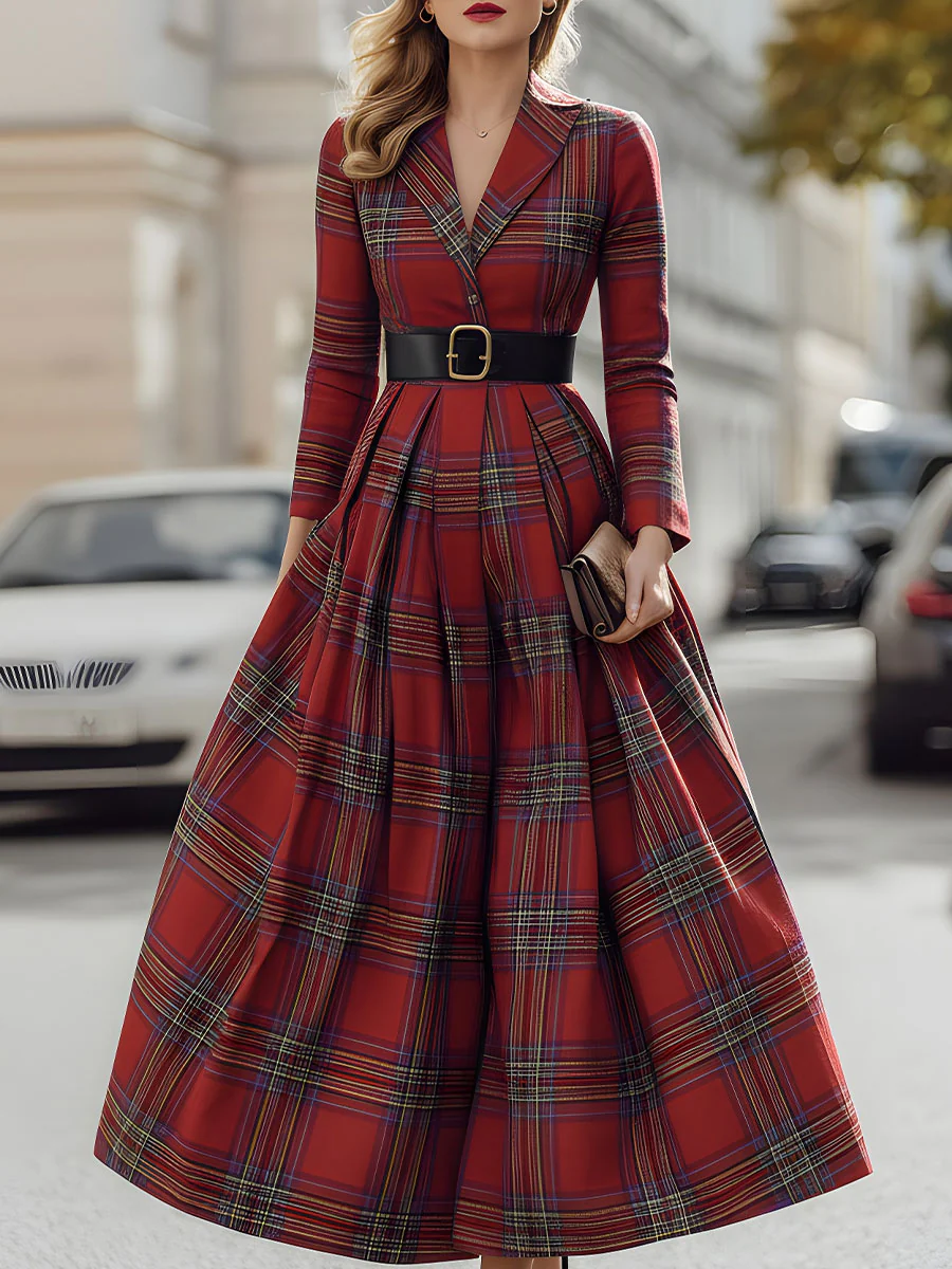 Mooyius Statement Red Plaid Trench Dress With Gold Buckle Belt